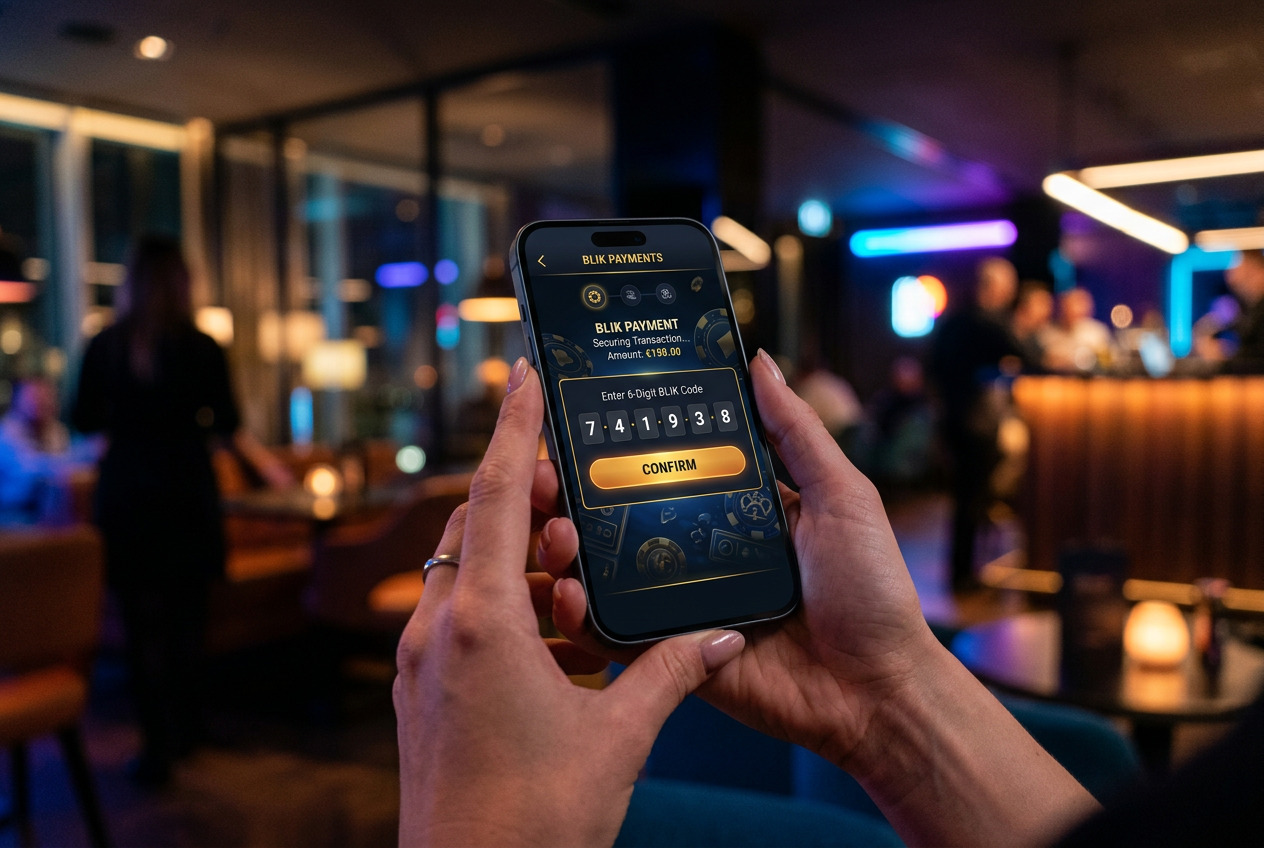 A person using a smartphone for a quick BLIK payment in an online casino.