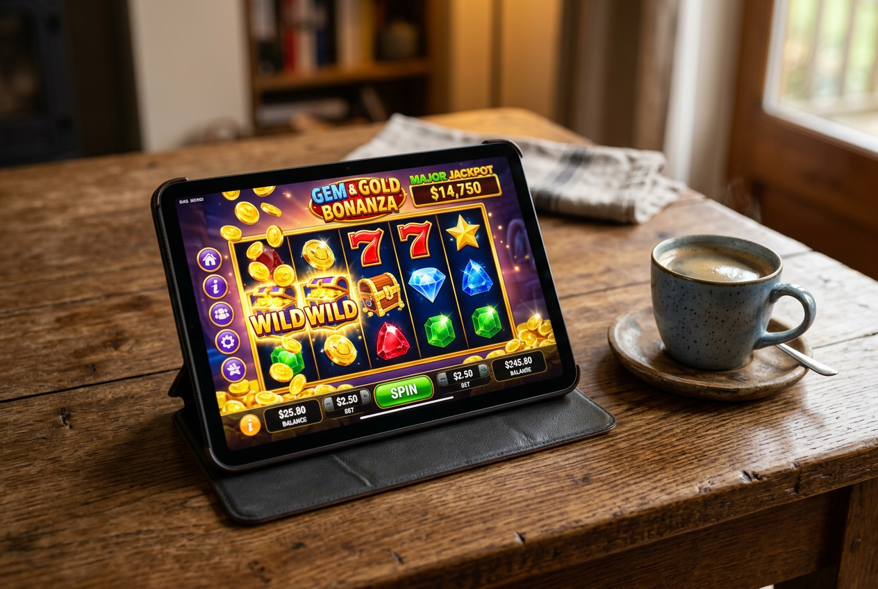 Close-up of a tablet screen showing a colorful slot machine game with low betting stakes.